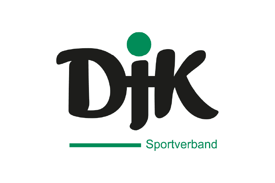 Logo des DJK Sportverbands, schwarze Schrift mit gr&uuml;nem Punkt &uuml;ber dem &bdquo;J&ldquo; und gr&uuml;ner Unterzeile &bdquo;Sportverband&ldquo;.