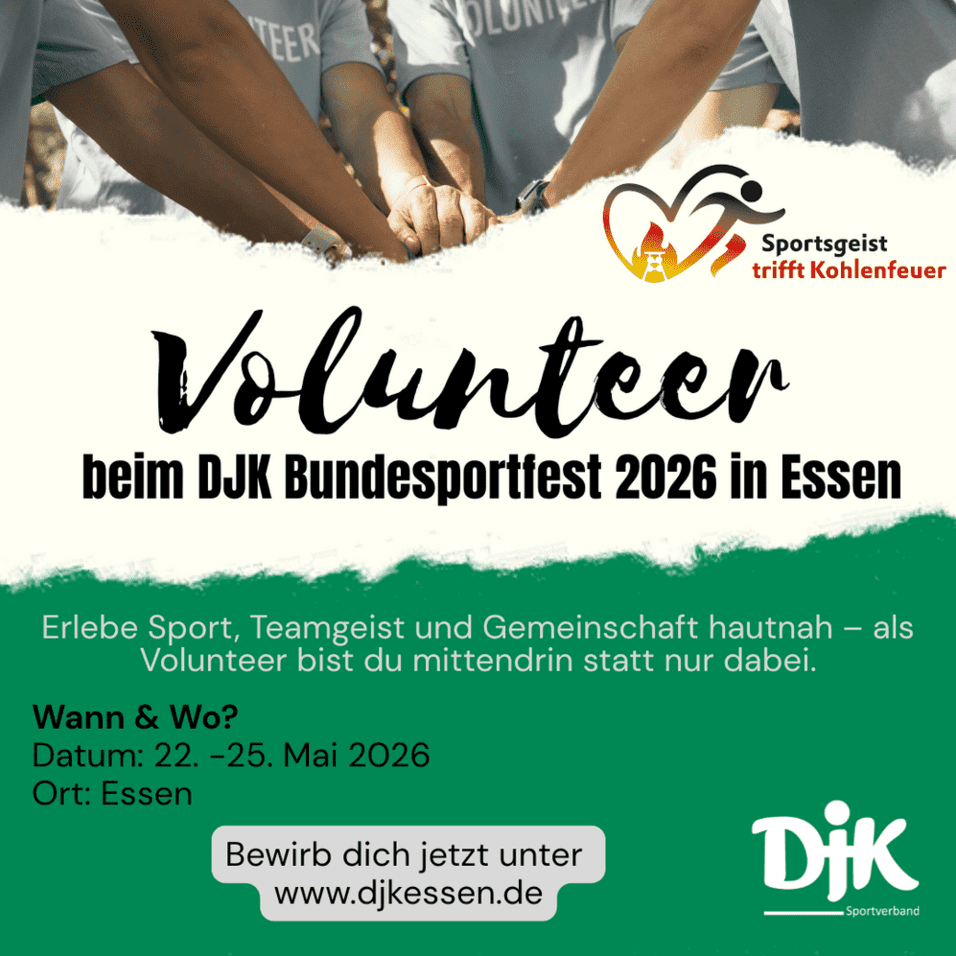 Grafik mit Einladung zur Mitarbeit als Volunteer beim DJK Bundessportfest 2026 in Essen, einschlie&szlig;lich Datum und Webseite.