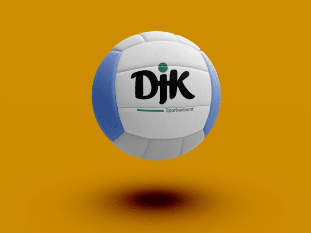 Schwebender Volleyball mit dem Logo &bdquo;DJK Sportverband&ldquo; auf orangefarbigem Hintergrund.