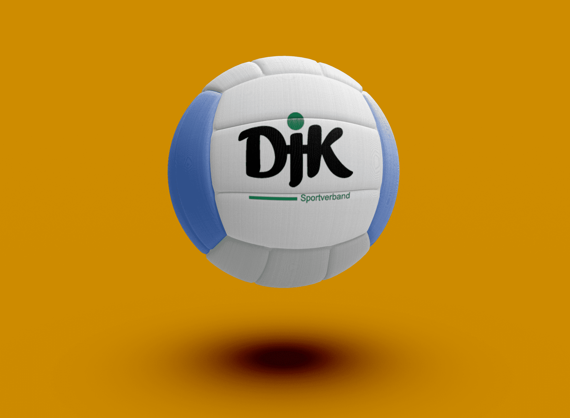 Schwebender Volleyball mit dem Logo &bdquo;DJK Sportverband&ldquo; auf orangefarbigem Hintergrund.