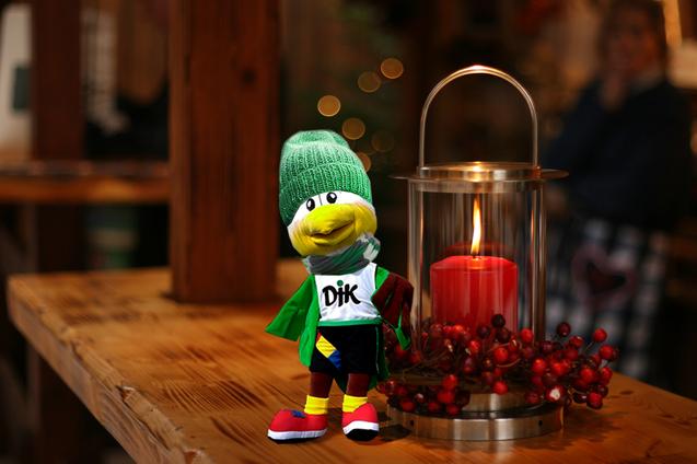 Pl&uuml;schfigur mit gr&uuml;nem M&uuml;tze steht vor einer Laterne mit rot leuchtender Kerze und Dekoration aus roten Beeren.