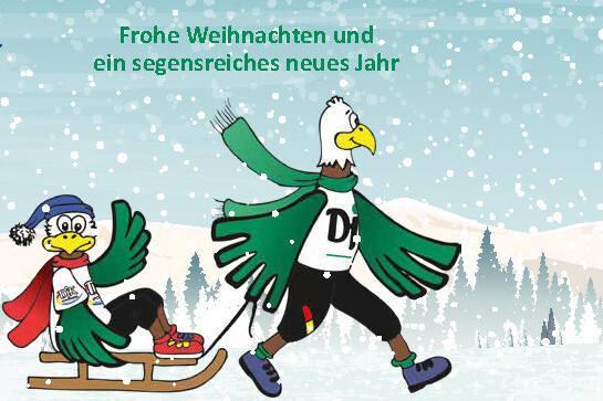 Illustration von zwei Maskottchen im Schnee: Ein Vogel auf einem Schlitten und ein anderer Vogel mit Weihnachtsm&uuml;tze.