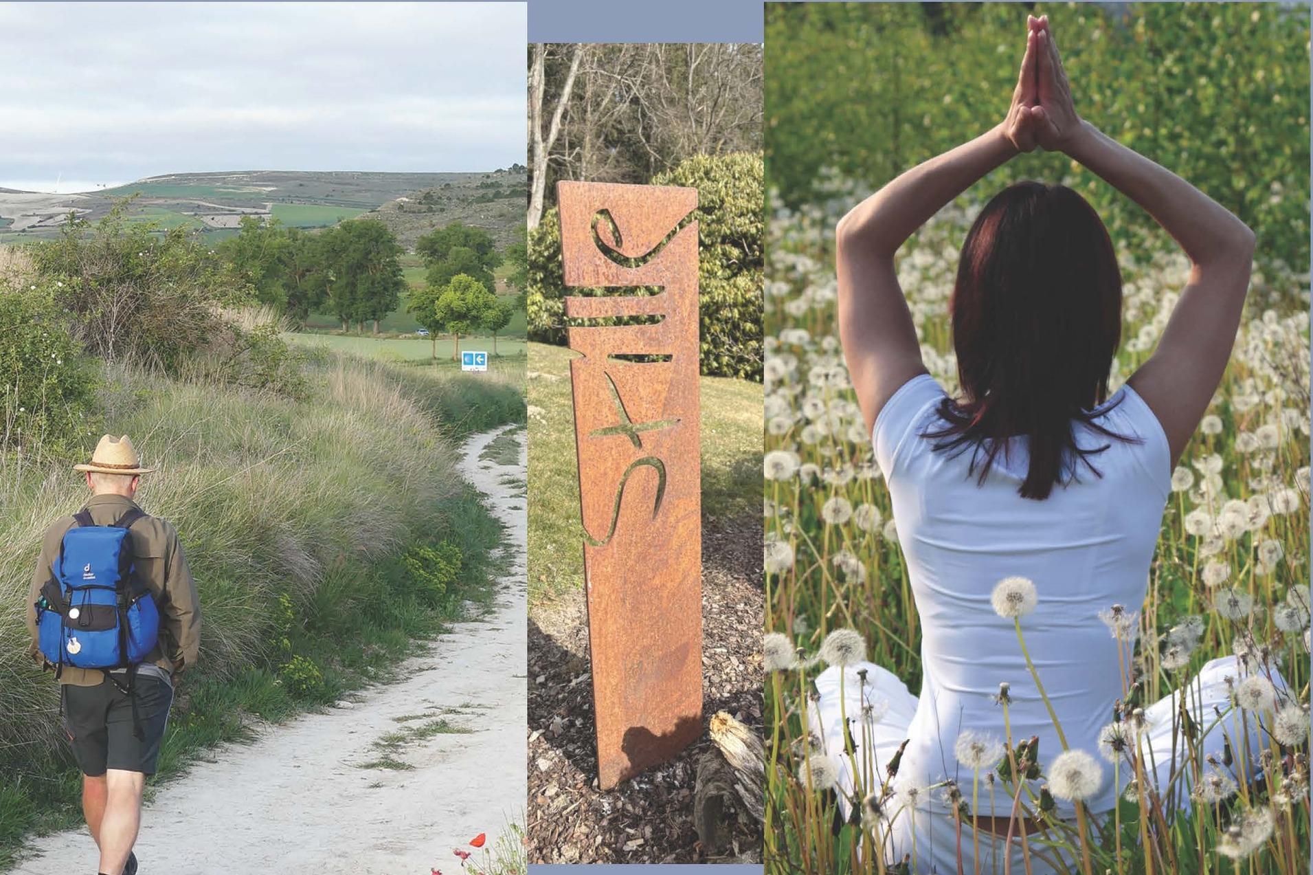 Plakat f&uuml;r ein Online-Angebot zur Fastenzeit mit Wanderfotos und Informationen zu Bewegung und Besinnung.