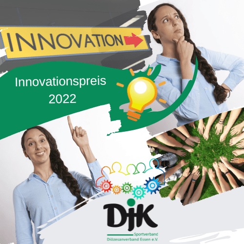 Frau mit nachdenklichem Gesichtsausdruck h&auml;lt den Finger nach oben, umgeben von Symbolen f&uuml;r Innovation und dem DJK-Logo.