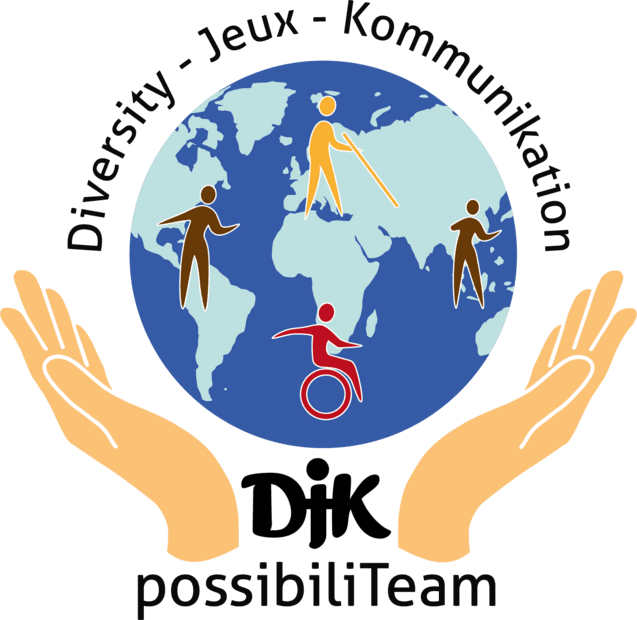 Logodesign mit einer Weltkugel, umgeben von H&auml;nden und symbolisierenden Figuren f&uuml;r Vielfalt und Inklusion.