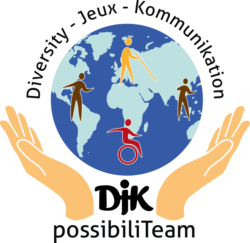 Logodesign mit einer Weltkugel, umgeben von H&auml;nden und symbolisierenden Figuren f&uuml;r Vielfalt und Inklusion.