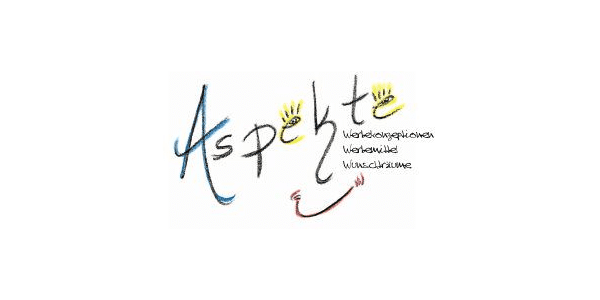 Logo mit dem Text "Aspekte" in verschiedenen Farben, umgeben von Handabdr&uuml;cken und einer l&auml;chelnden Linie.