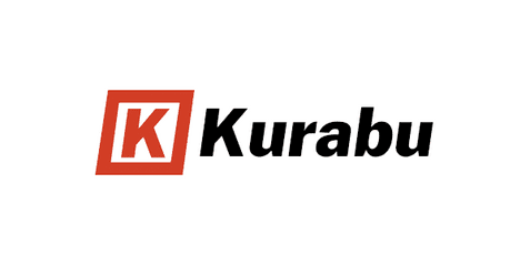 Logo von Kurabu mit rotem Quadrat und schwarzem Schriftzug. Der Buchstabe "K" ist stilisiert in das Quadrat integriert.