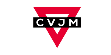 Logo des CVJM bestehend aus einem roten Dreieck mit schwarzem Schriftzug &bdquo;CVJM&ldquo; in der Mitte.