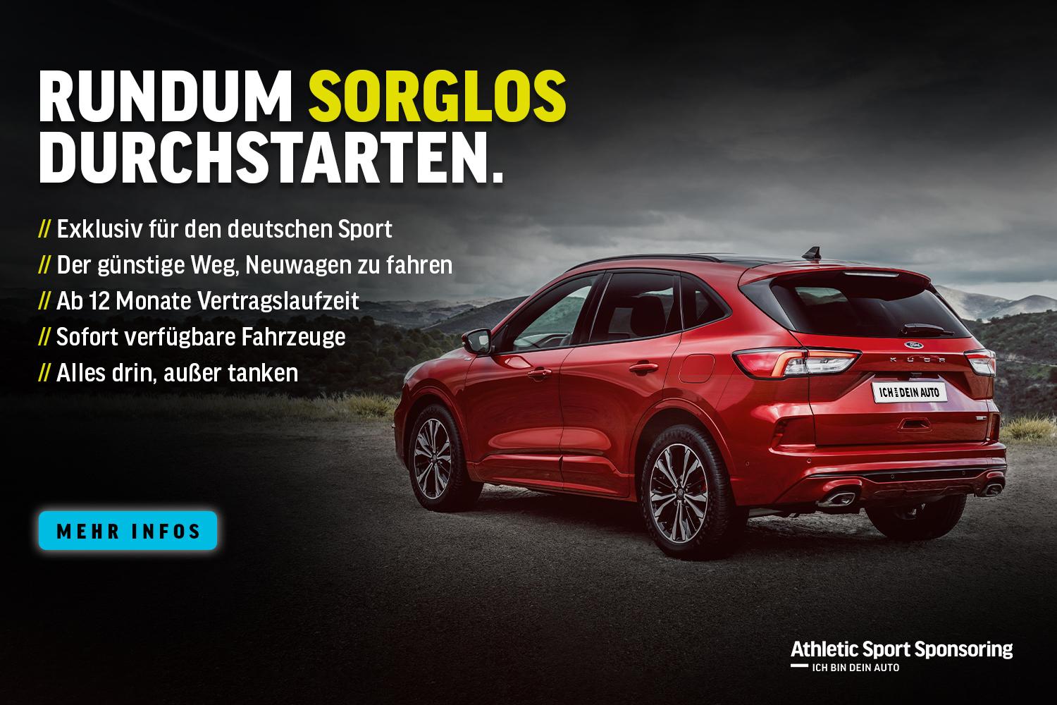Rotes SUV auf einer Stra&szlig;enumgebung, beworben mit Text f&uuml;r ein Sport-Sponsoring-Angebot.