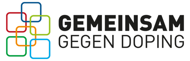 Logo mit bunten Rauten und dem Schriftzug &bdquo;GEMEINSAM GEGEN DOPING&ldquo; in Schwarz.