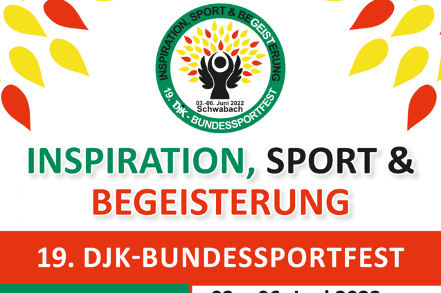 Logo des 19. DJK-Bundessportfestes mit dem Motto &bdquo;Inspiration, Sport & Begeisterung&ldquo; und Datumsangaben 03.-06. Juni 2022.