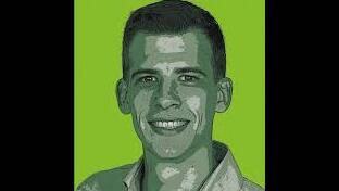 Grafische Darstellung eines l&auml;chelnden Mannes vor gr&uuml;nem Hintergrund, im stilisierten, monochromen Design dargestellt.