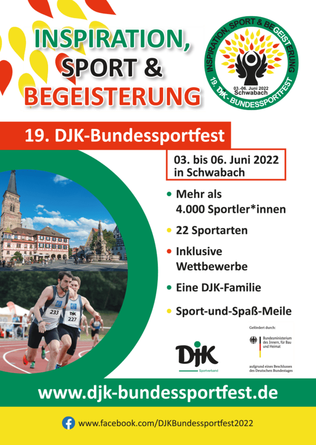 Plakat zum 19. DJK-Bundessportfest mit Datum, Ort und Infos zu Sportarten und Teilnehmern, umgeben von sportlichen Motiven.