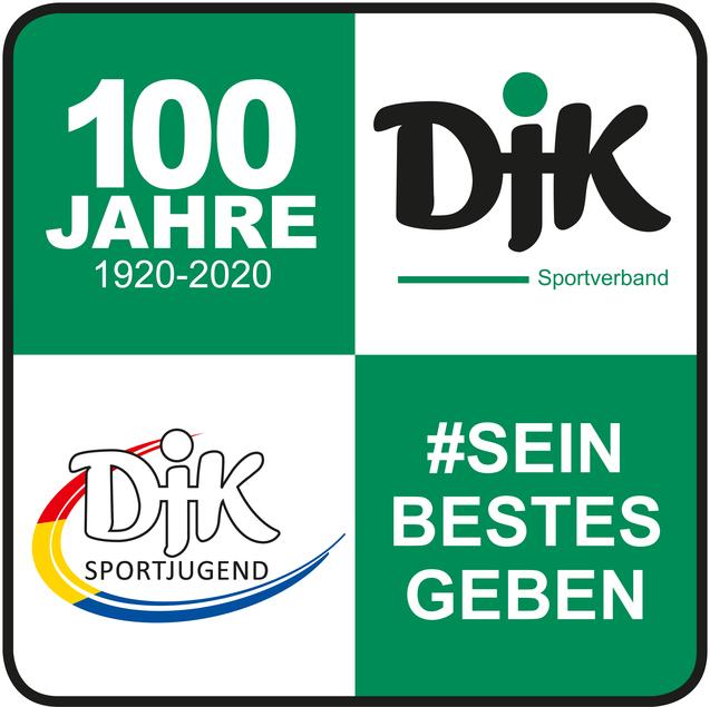 Logo zum 100-j&auml;hrigen Jubil&auml;um des DJK-Sportverbands mit den Schriftz&uuml;gen "100 Jahre", "DJK Sportverband" und "#SEIN BESTES GEBEN".