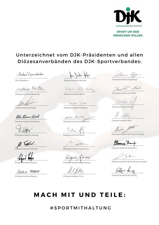 Unterschriften von DJK-Pr&auml;sidenten und Di&ouml;zesanverb&auml;nden auf einem Dokument mit zwei H&auml;nden, die ein Herz bilden.