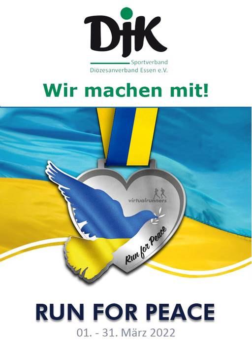 Medaille mit blauem Vogel und Text &bdquo;Run for Peace&ldquo; vor gelbem und blauem Hintergrund, oben DJK-Logo und Veranstaltungshinweis.