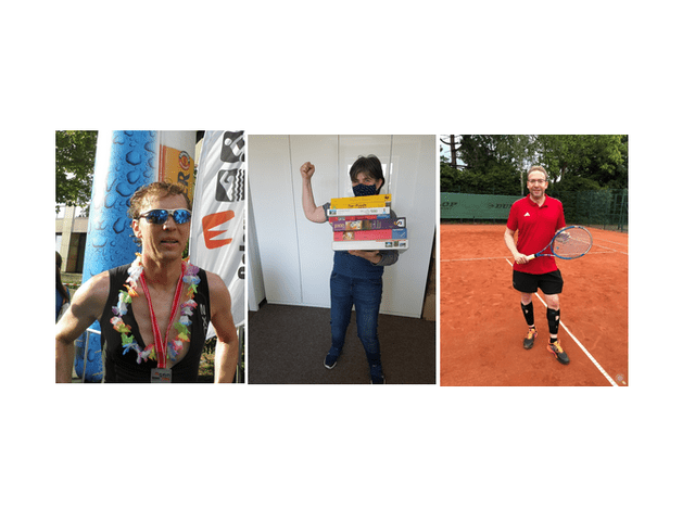 Collage aus drei Bildern: ein Mann mit Medaille, eine Person mit Spielen und ein Tennisspieler auf dem Platz.