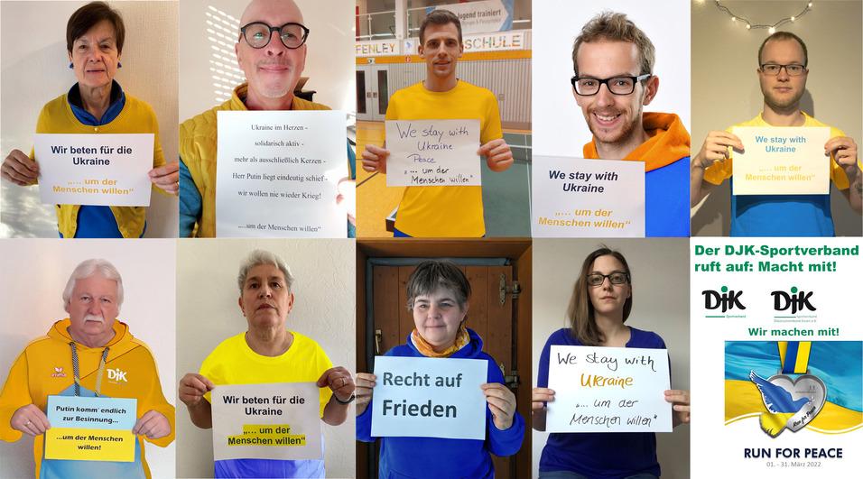 Collage von acht Personen in gelben Shirts, die Plakate mit Botschaften f&uuml;r den Frieden und Unterst&uuml;tzung der Ukraine halten.