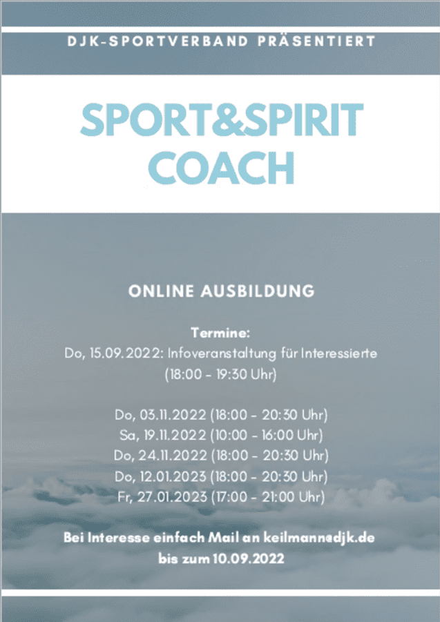 Plakat zur Online-Ausbildung „Sport & Spirit Coach“ mit Terminen und Kontaktdaten auf himmelblauem Hintergrund.