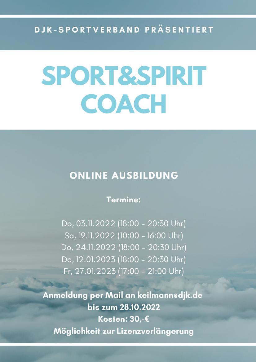 Ank&uuml;ndigung einer Online-Ausbildung zum Sport&Spirit Coach mit Terminen und Anmeldedetails.