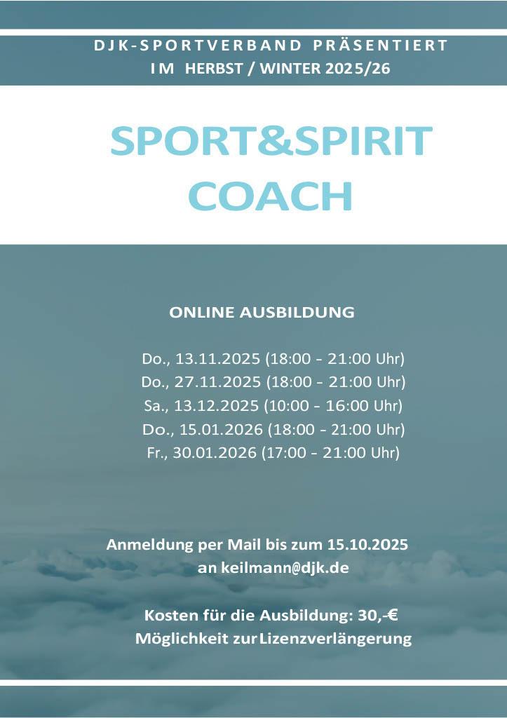 Ank&uuml;ndigung f&uuml;r eine Online-Ausbildung zum Sport- und Spirit-Coach mit Terminen und Anmeldedetails.